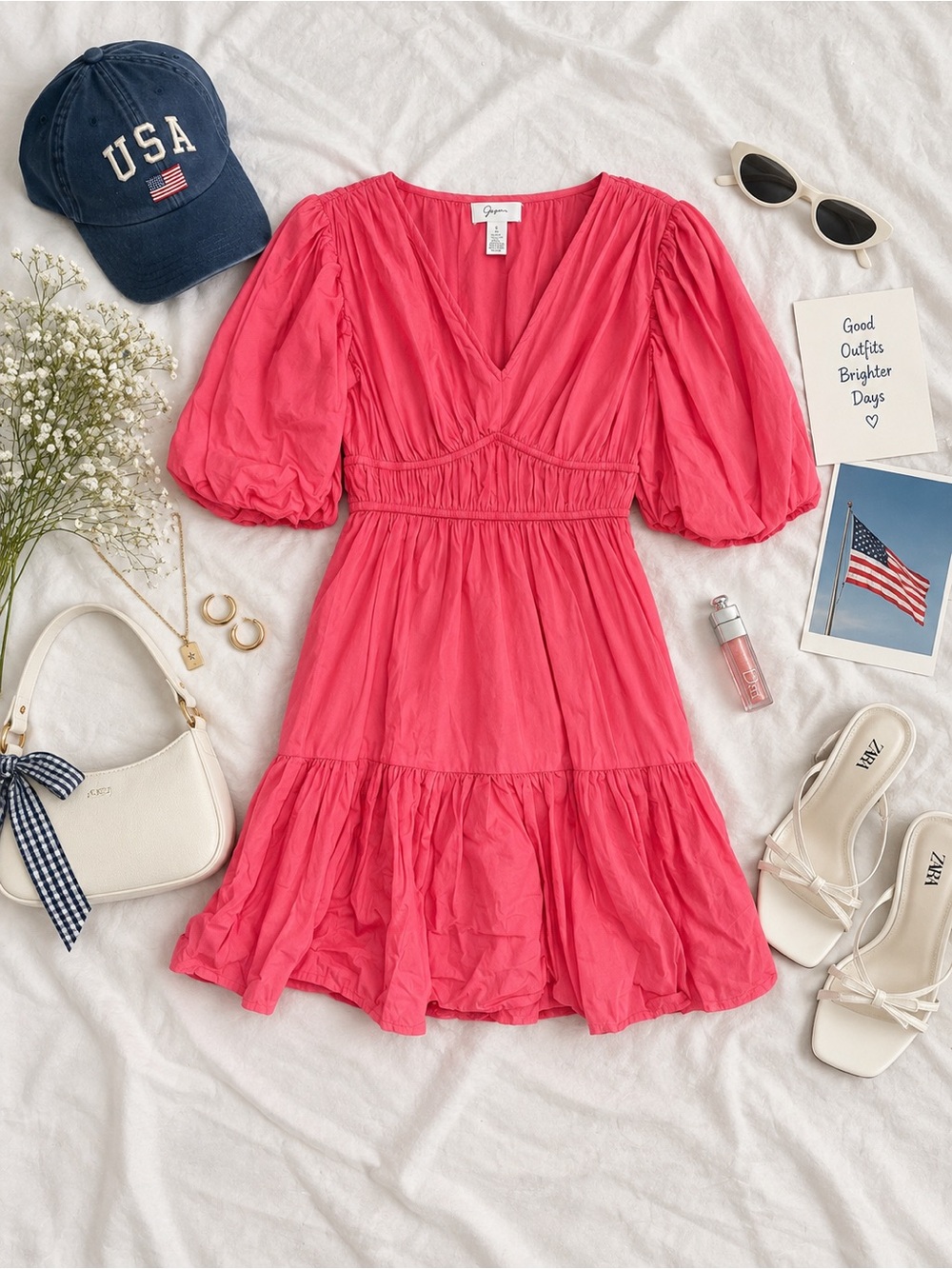 Japna Hot Pink Cotton Puff Sleeve V Neck Tiered Mini Dress Small
